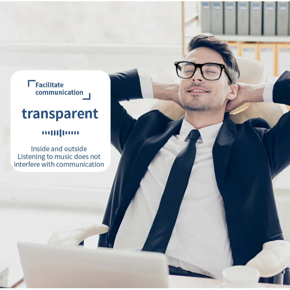 Man relaxing with wireless glasses, features clear communication and music compatibility. Ideal for work and leisure.