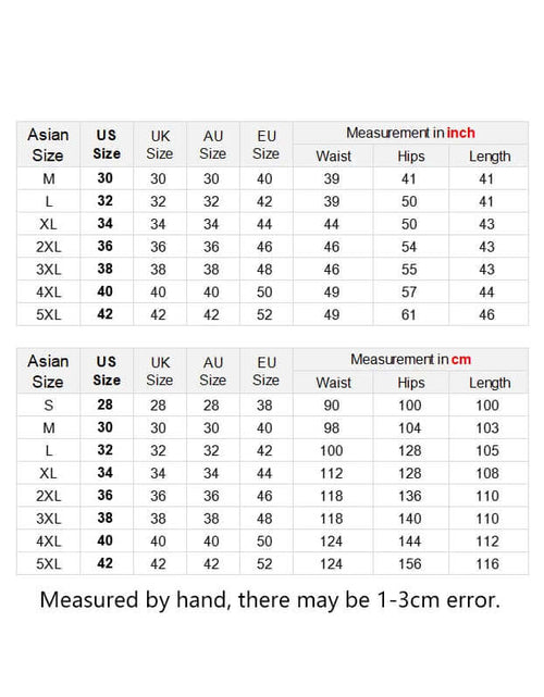 Load image into Gallery viewer, Size chart for Asian, US, UK, AU, and EU measurements in inches and cm for men&#39;s trousers, with possible 1-3 cm error.
