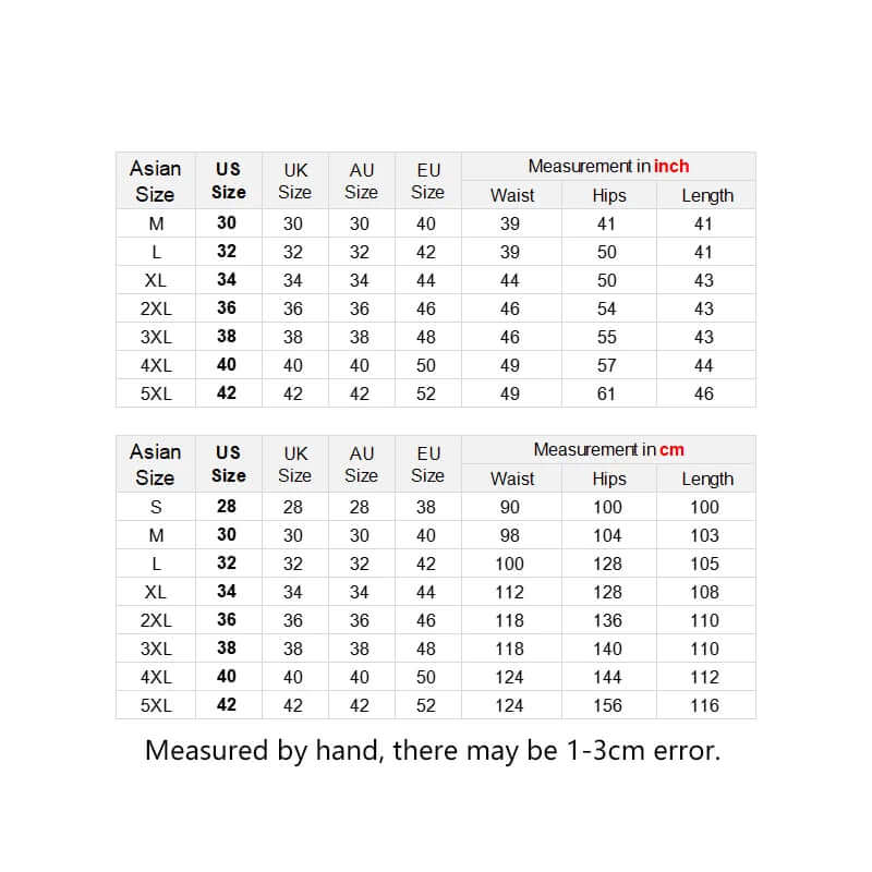 Size chart for Asian, US, UK, AU, and EU measurements in inches and cm for men's trousers, with possible 1-3 cm error.