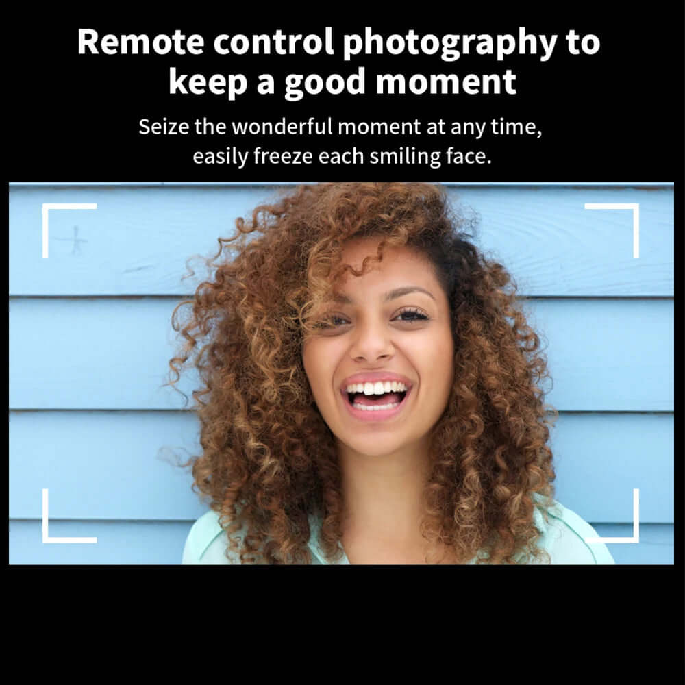 Woman smiling for remote control photography with text about capturing moments.