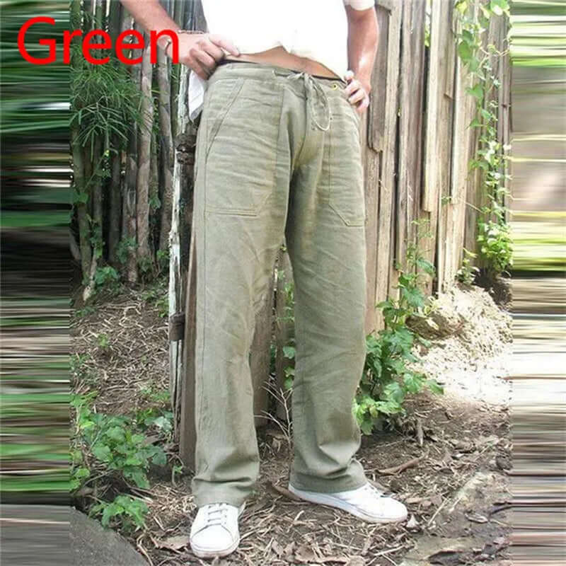 Green cotton linen men's trousers, loose fit, elastic waist, casual style, size options up to 5XL.