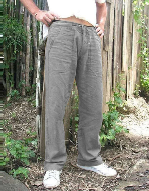 Load image into Gallery viewer, Men&#39;s casual grey cotton linen trousers with elastic waist and straight loose fit, perfect for summer fashion in various sizes.
