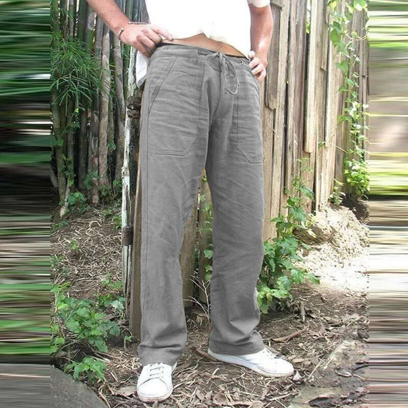 Men's casual grey cotton linen trousers with elastic waist and straight loose fit, perfect for summer fashion in various sizes.