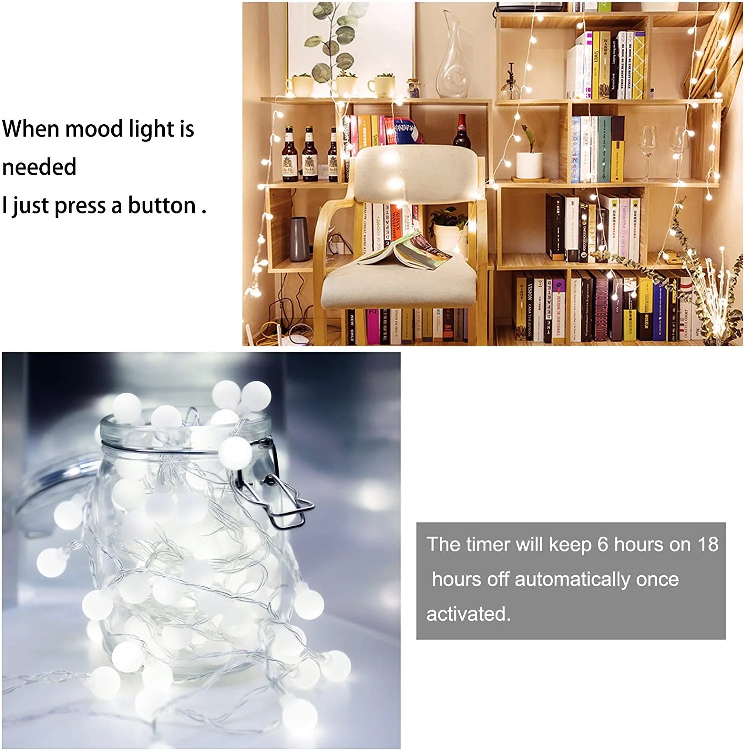 LED String Lights 33Ft 100 LED Battery Powered String Lights 8 Modes with Remote Waterproof Globe Starry Fairy String Lights (White)-1Pack