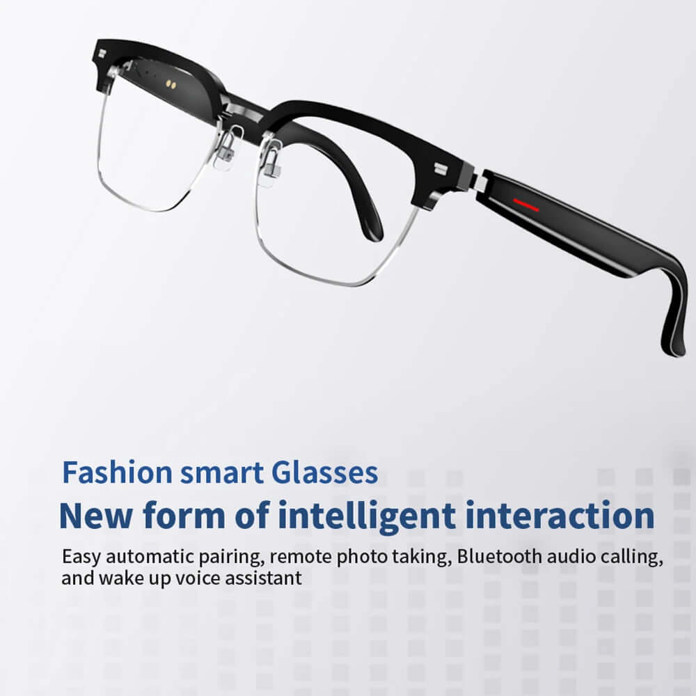 Fashion smart glasses with Bluetooth, voice assistant, and remote photo capabilities, showcasing new intelligent interaction technology.