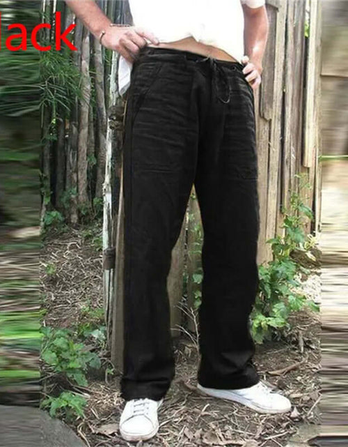 Load image into Gallery viewer, Black summer men&#39;s cotton linen trousers with elastic waist and loose fit, stylish casual pants for men, available in various sizes.
