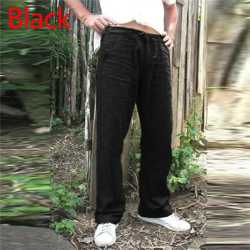 Black summer men's cotton linen trousers with elastic waist and loose fit, stylish casual pants for men, available in various sizes.