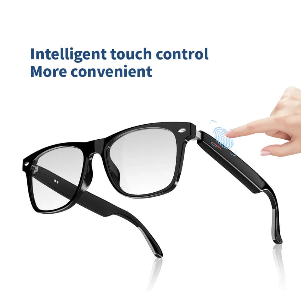 Smart glasses with intelligent touch control for calls and music, featuring a sleek black design and user-friendly interface.