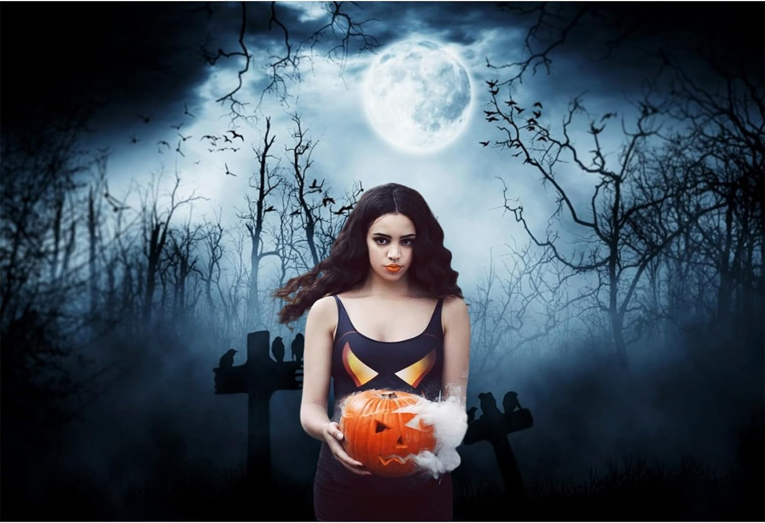 7X5Ft Vinyl Halloween Theme Backdrop Gloomy Scene Photography Background Scary Graveyard Tombstone Scary Night Ghost Full Moon Children Baby Adults Portraits Photo Studio