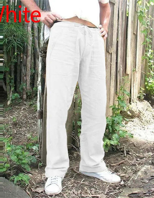 Load image into Gallery viewer, White men&#39;s cotton linen trousers, casual summer pants with elastic waist, ideal for fashion and comfort in warm weather.
