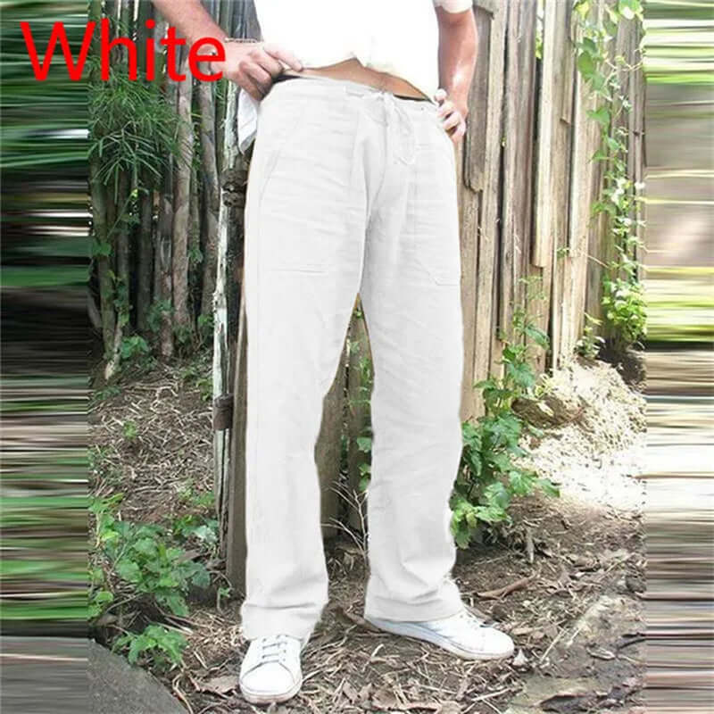 White men's cotton linen trousers, casual summer pants with elastic waist, ideal for fashion and comfort in warm weather.