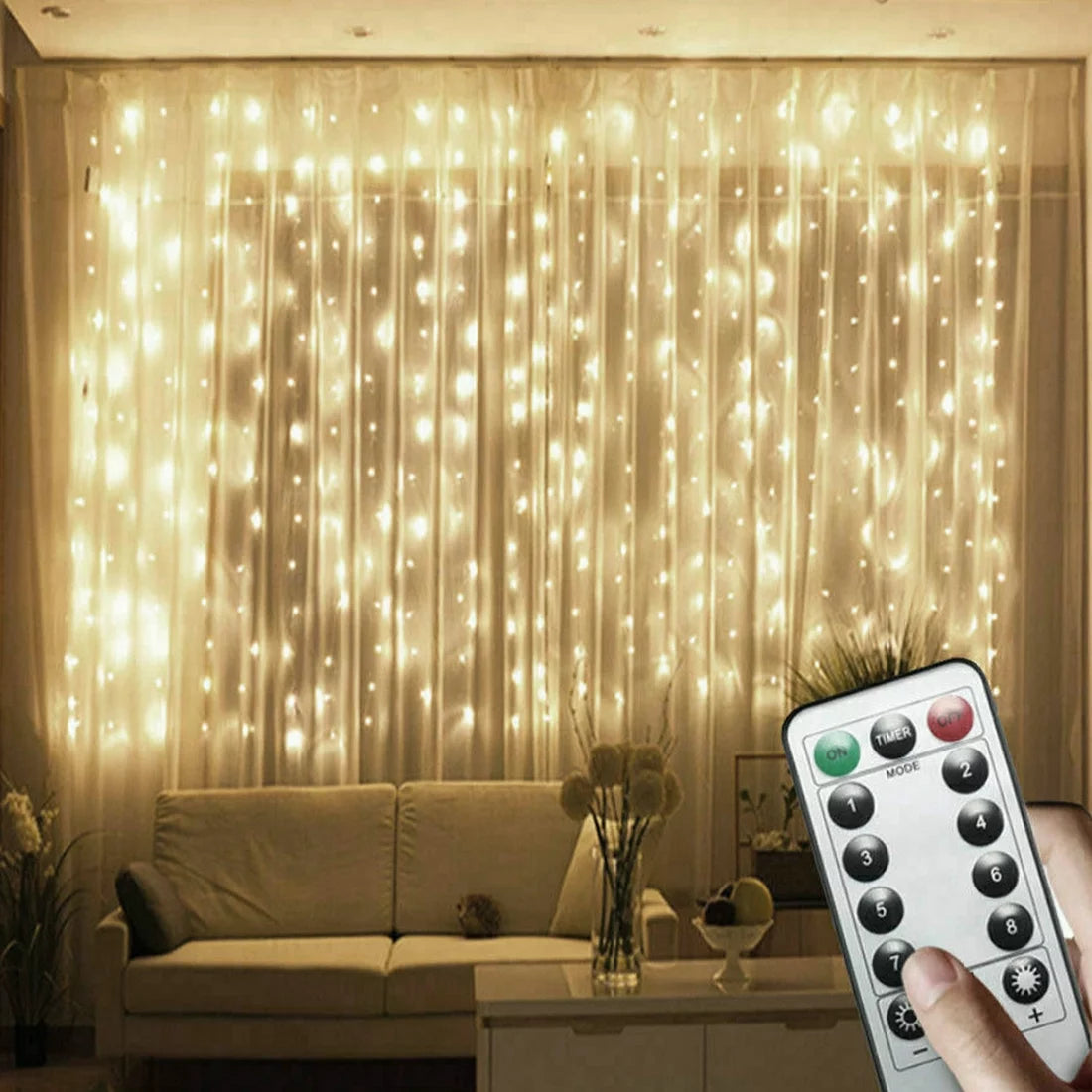 Window Curtain Light,300Led 9.8X9.8Ft White Twinkle Lights,Usb Plug-In 8 Modes Fairy Hanging String Light with Remote for Bedroom, Wedding, Party, Wall